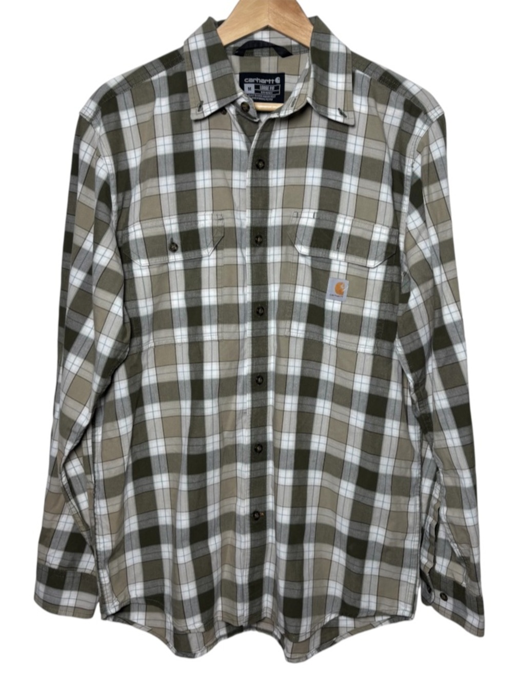Carhartt Loose Fit Work Shirt Medium Mens Button Down Plaid Green Pockets NWOT
